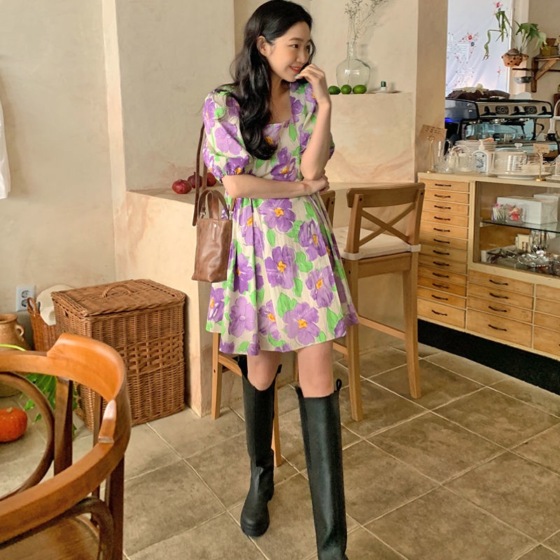 Đầm Chữ A Cổ Vuông Tay Phồng Dáng Rộng In Họa Tiết Kiểu Retro Pháp Thời Trang Mùa Hè Mới 2021