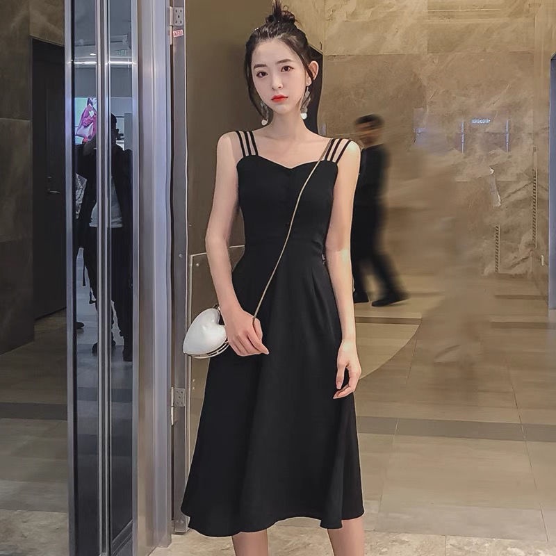 Đầm Hai Dây Dáng Dài Cổ Vuông Màu Đen Phong Cách Hàn Quốc Thời Trang Cho Nữ