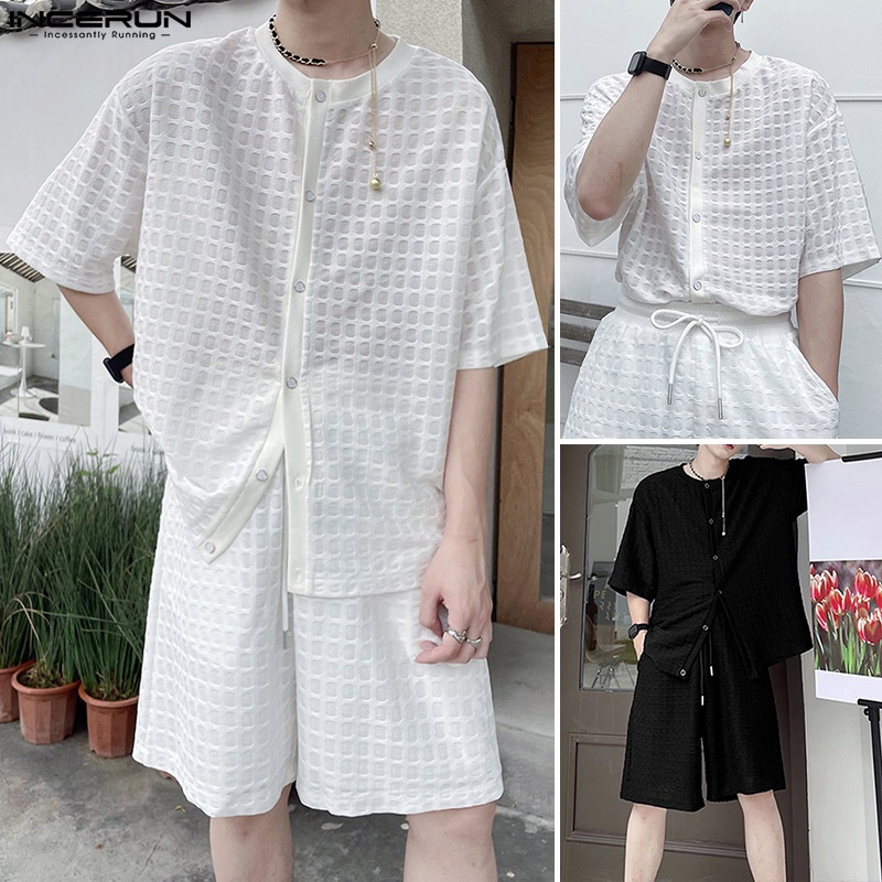 Set trang phục INCERUN áo sơ mi tay ngắn cổ tròn và quần short baggy size S-5XL mặc thoải mái thời trang dành cho nam