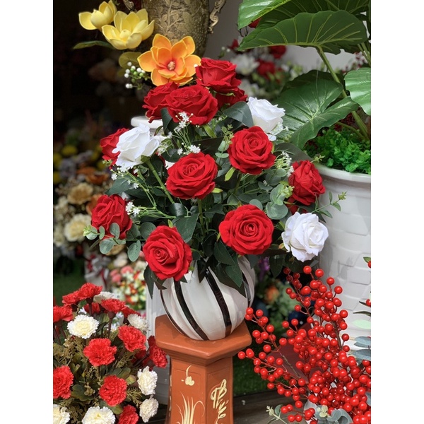 Bình Hoa hồng giả,hoa lụa chất liệu nhung tươi tắn giống thật, trang trí nội thất,phòng ngủ,phòng khách,làm quà tặng