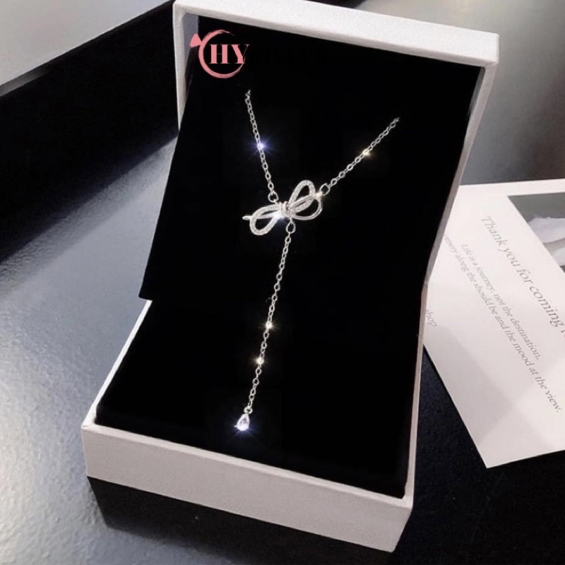 Dây chuyền bạc ta nơ kép nạm đá đá rơi giọt nước xinh xắn phong cách dây chuyền nữ bạc thật