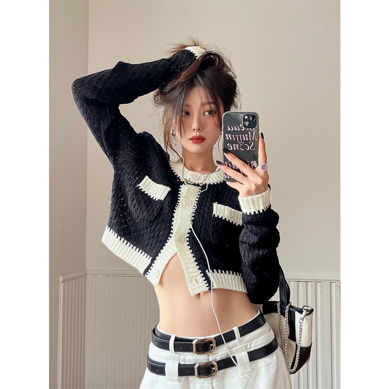 QADCOL Áo Khoác cardigan Dệt Kim Tay Dài Dáng Ngắn Phối Màu Tương Phản Thời Trang Hàn Quốc Cho Nữ