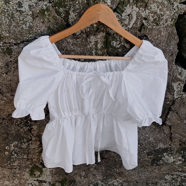 SUXI Áo Kiểu Tay Ngắn Cổ Vuông Màu Sắc Đơn Giản Phối Dây Rút Phong Cách Hàn Quốc Xinh Xắn