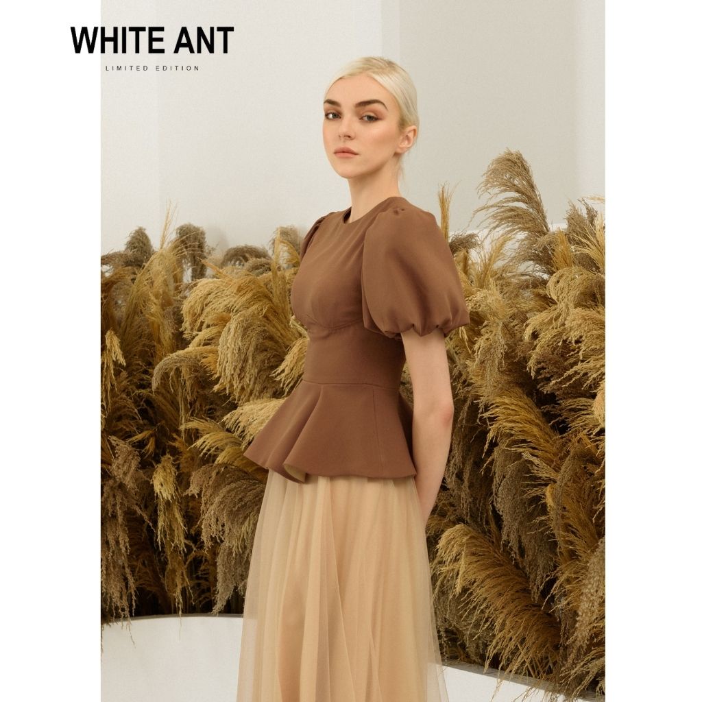 Áo peplum tay bồng nữ đai eo bọc da đi kèm White Ant