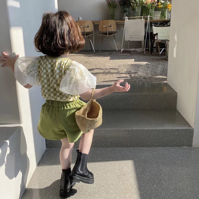 Bộ Áo Tay Phồng + Quần Short Thời Trang Mùa Hè Hàn Quốc Cho Bé Gái