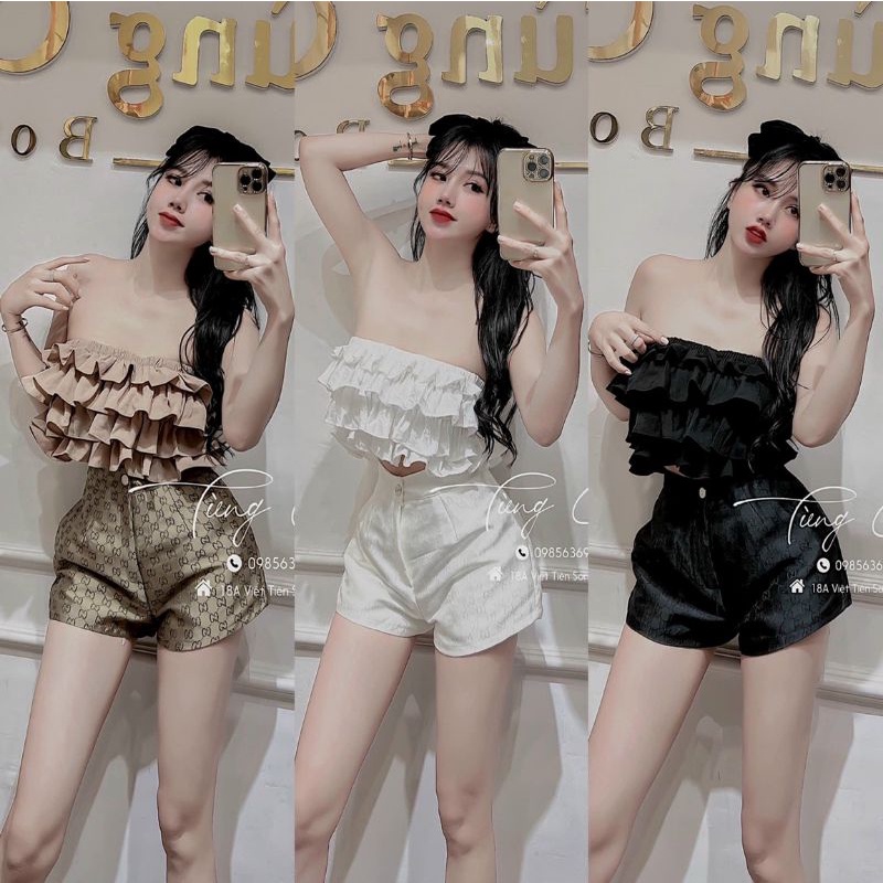 Set áo cúp ngực bèo tầng + Quần short cucci