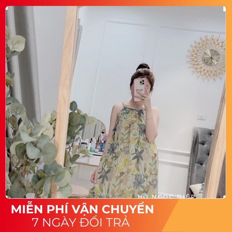 Váy Maxi Cổ Yếm Hoa Tơ Cao Cấp Chất Tơ Xước Mềm Bay Đẹp Trong May Lót Chuẩn Mẫu Vải sẵn chứ kp in nhé