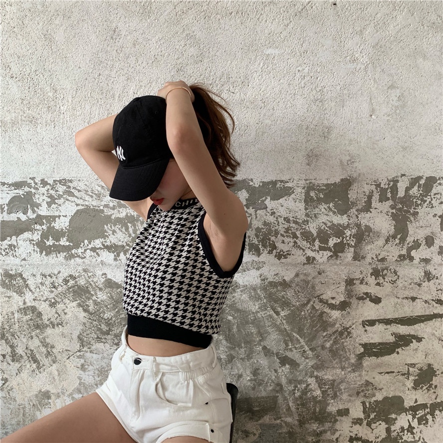 QADCOL Áo dệt kim mỏng không tay họa tiết nanh sói cổ điển thời trang nữ