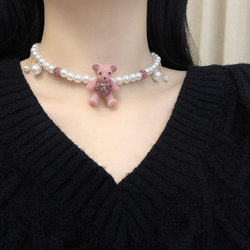 MOCHO Bộ Vòng cổ + Bông Tai Đính Đá Hình Gấu Hoạt Hình Màu Hồng