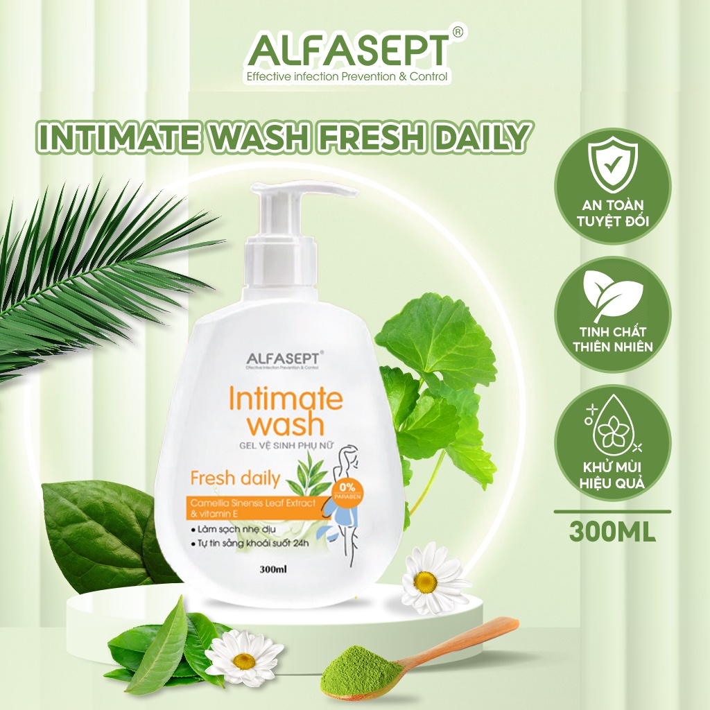 Dung dịch vệ sinh  nữ ALFASEPT Intimate wash - Fresh Daily Chiết Xuất Trà Xanh, Dịu Nhẹ Tươi Mát, Làm Sạch 150ML & 300ML