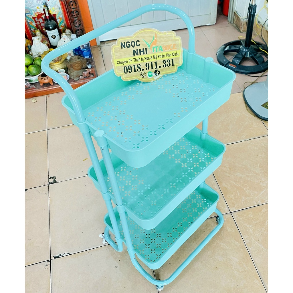 Kệ nhựa 3 tầng có bánh xe đẩy dùng trong spa, phun xăm, thẩm mỹ viện