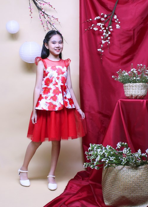 Đầm tiệc bé gái peplum in hoa đỏ