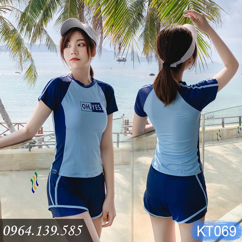 Bộ bơi nữ áo cộc tay, quần sooc đùi thể thao, đệm tròn dễ mặc, chất thun co giãn, dáng năng động, dấu bụng tốt | KT069