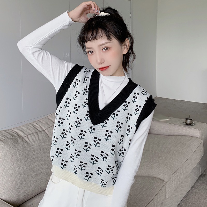 Phụ nữ cổ điển Áo len Vest mùa thu Hoa cổ chữ V Không tay dệt kim Vest rời