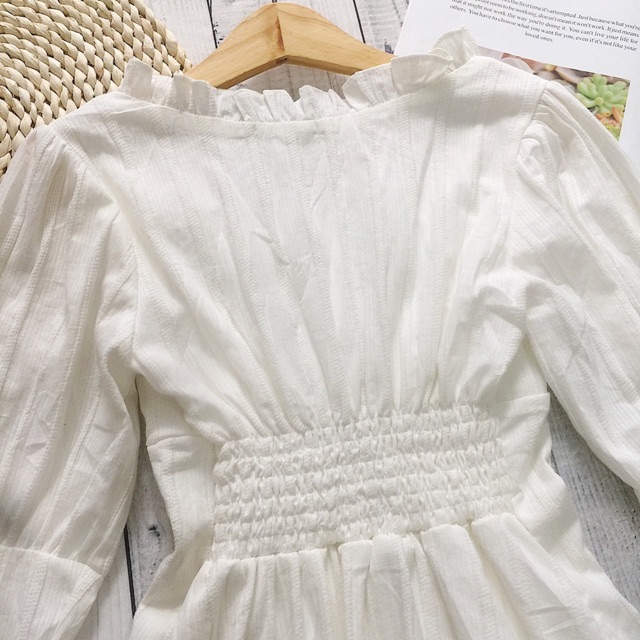 Đầm kiểu màu trắng tay dài Fillaa dress basic chất dày 2 lớp sau lưng bo chun thoải mái from chuẩn vải cotton theu