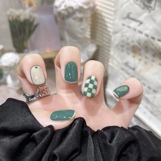 Móng tay giả nail box ngắn xanh lá kẻ caro (bộ 24 móng) 💖 SẴN KEO DÁN 💖