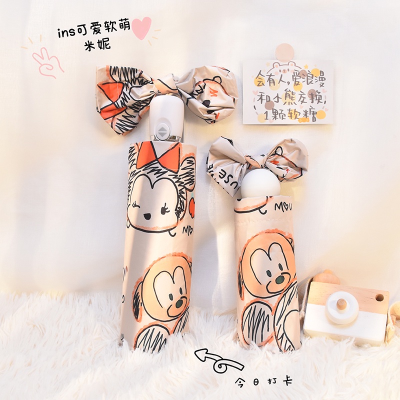 Dù Gấp Tự Động Chống Tia UV Họa Tiết Chuột Minnie Dễ Thương
