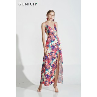 Đầm maxi lụa đan dây lưng họa tiết lá đỏ Gunich