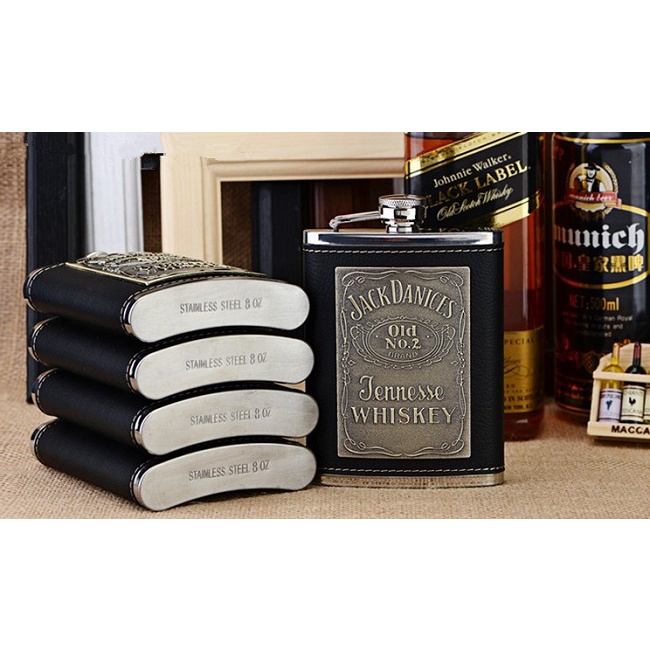 Bình rượu inox Honest 8oz bỏ túi, vỏ bọc da logo Jack Da.niel's