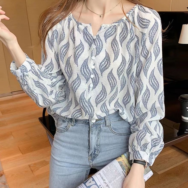 Áo Sơ Mi Hoa Dài Tay 164501 Áo Sơ Mi Cổ Tròn Dáng Rộng In Họa Tiết Hoa Xinh Xắn Thời Trang