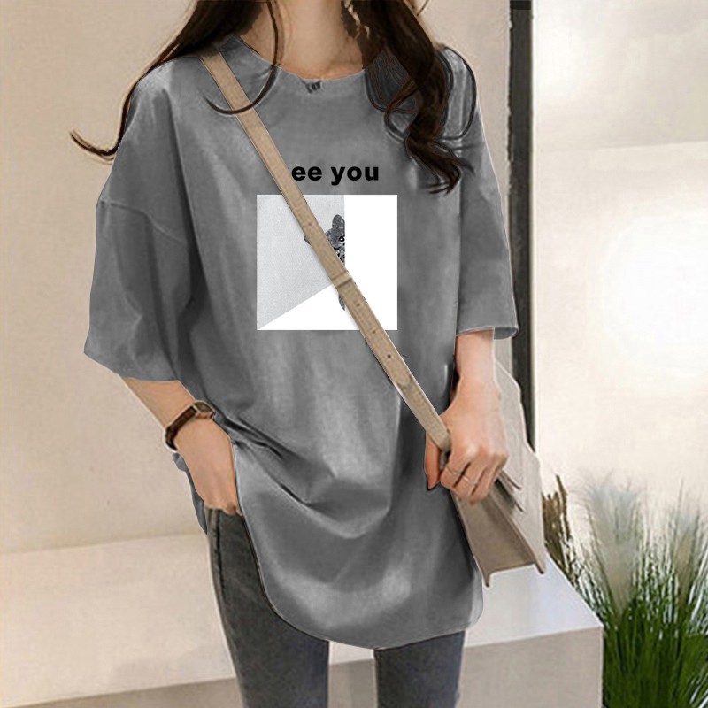 NRVP Áo thun nữ tay ngắn dáng rộng cổ tròn in hình hài hước thời trang mùa hè