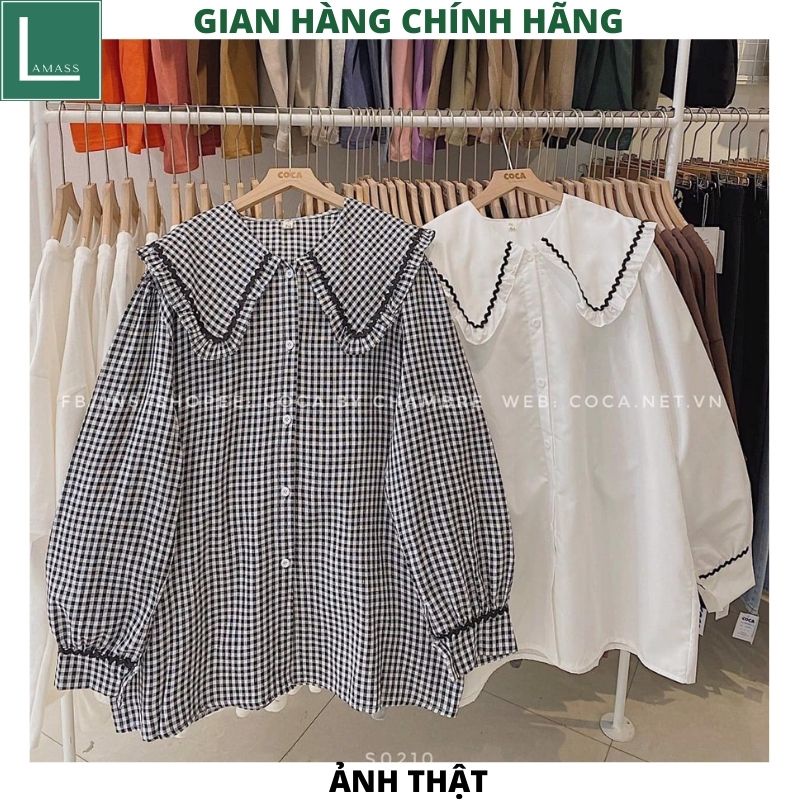 Áo Sơ Mi Nữ form rộng 2 mầu cổ sen kiểu dáng hàn quốc tiểu thư dễ thương đẹp dài tay ulzzang vintage -LAMASS