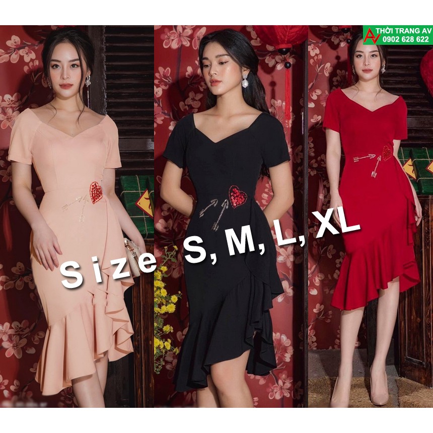 Đầm ôm body tay ngắn cổ tim lai dún xéo cực đẹp - AV6273