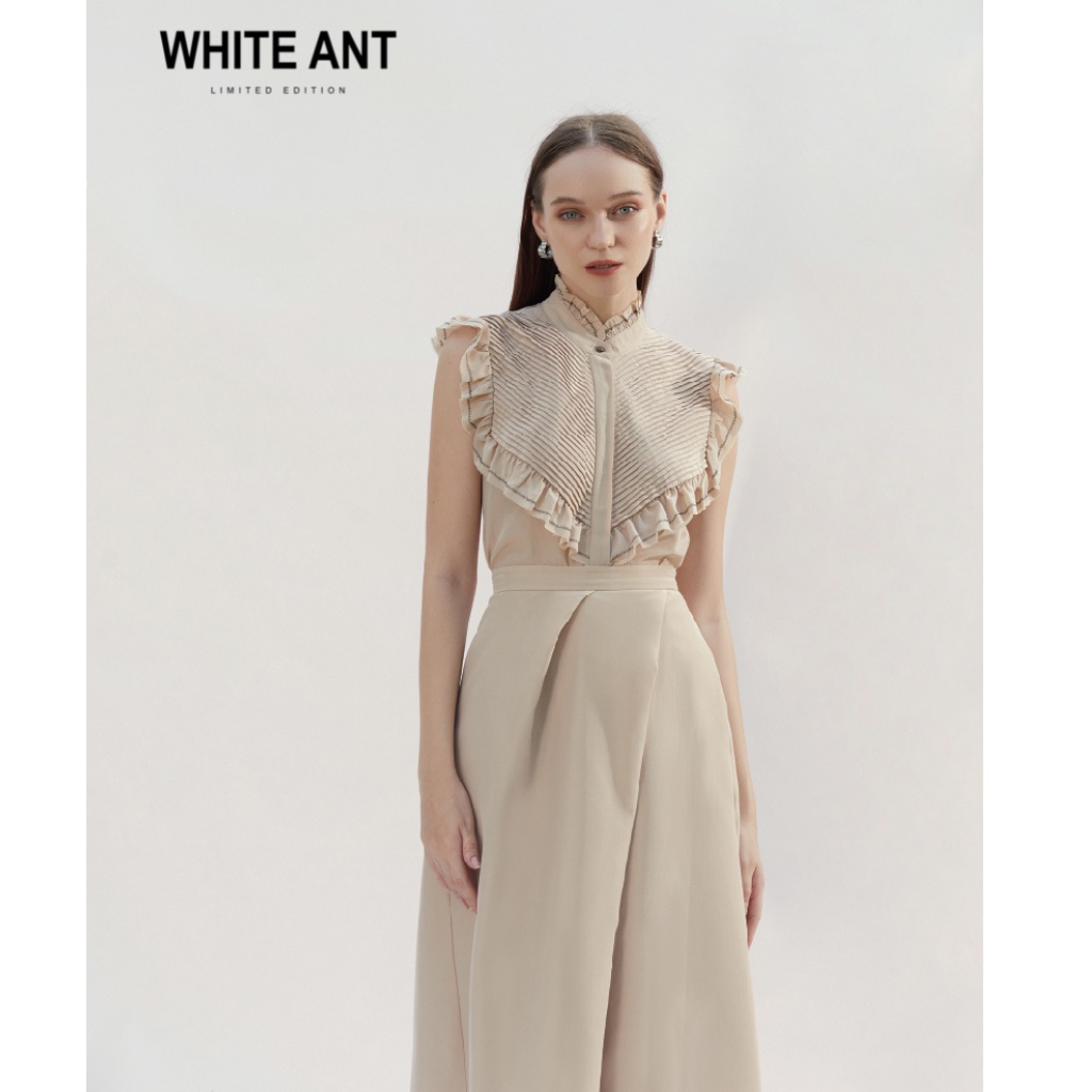 Áo Không Tay Chạy Ziczac Bèo Cổ Nữ WHITE ANT MIE SHORT SHIRT Thiết Kế Phần Ngực Xếp Li Nhỏ, Chất Lụa Satin 170300215
