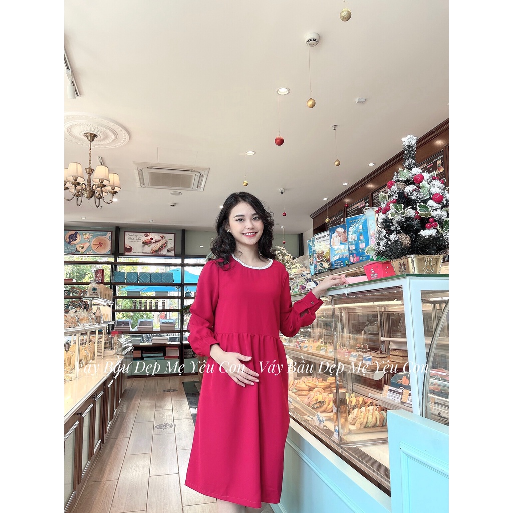 Đầm bầu công sở Váy bầu đẹp màu đỏ dài tay MYC 4M