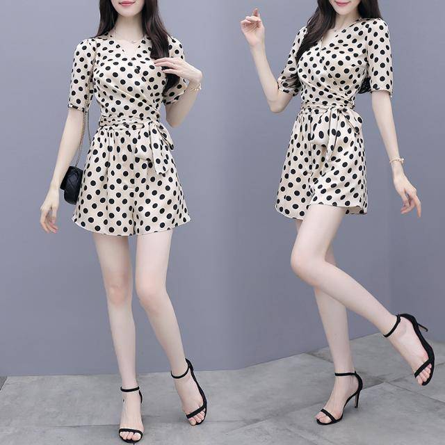 Jumpsuit Ống Rộng Lưng Cao Họa Tiết Chấm Bi Xinh Xắn Thời Trang