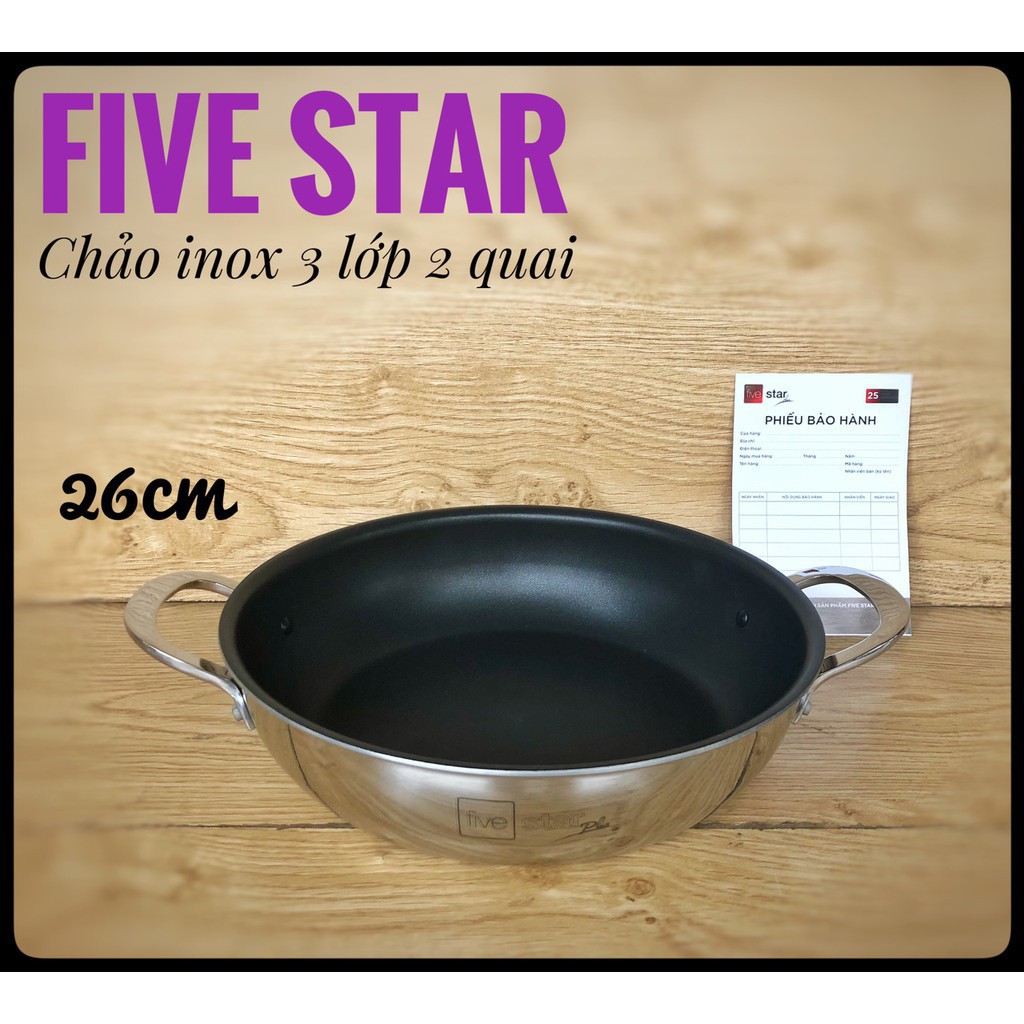 Chảo chống dính inox 430 Fivestar Standard 2 quai 2 lớp và nắp kính tặng 5 muỗng ( 26cm )