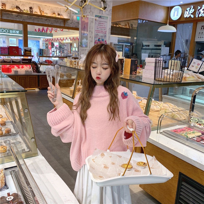 Áo sweater dệt kim dáng rộng in hình trái cây dễ thương cho nữ