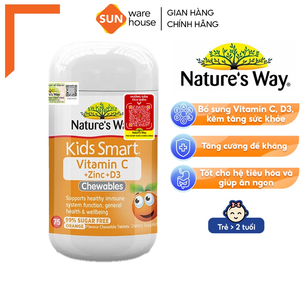 Viên Nhai Nature’s Way Kids Smart Vitamin C+ZinC+D3 Chewable Tablets Bổ Sung Vitamin Cho Bé Phát Triển Toàn Diện 75 Viên