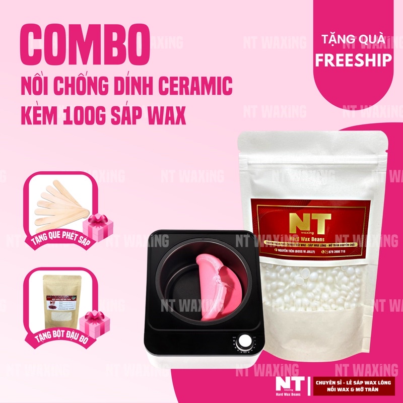 Combo triệt lông nồi nấu sáp wax lông CHỐNG DÍNH CERAMIC,100gr sáp wax lông hard wax beans wax lông 