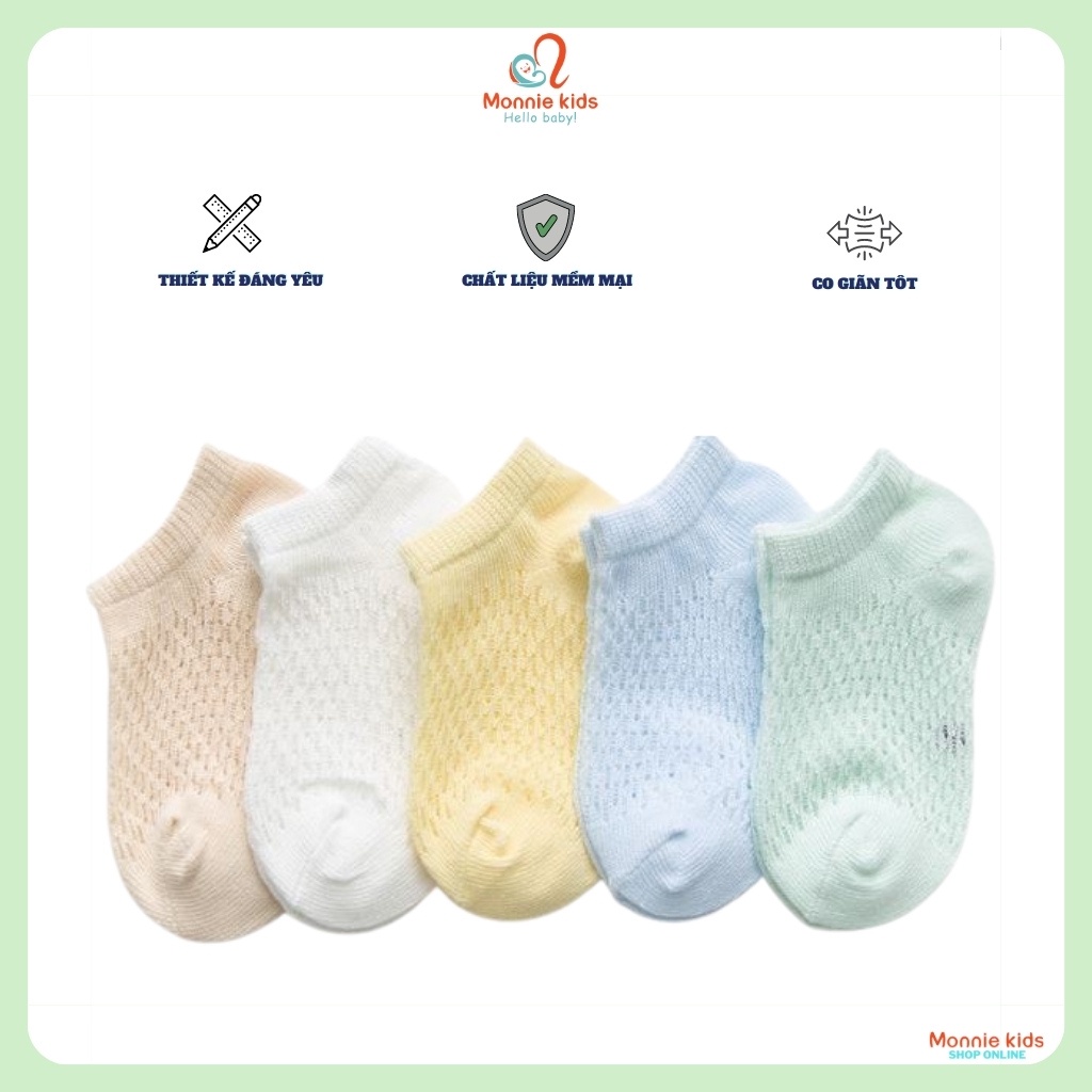 Set 5 tất lưới cotton trơn cho bé, vớ lưới trẻ em cổ ngắn 3d thoáng mát - Monnie Kids