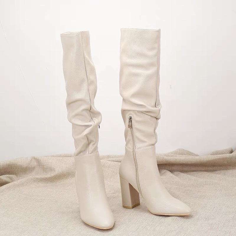 Boots đùi nhăn da PU gót trụ cao 9cm màu kem