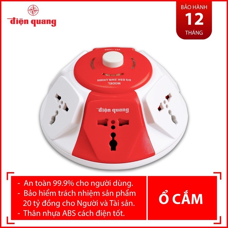 Ổ cắm Điện Quang ĐQ ESK WR.UK986 (Kiểu UFO 6 lỗ 3 chấu màu Trắng Đỏ)