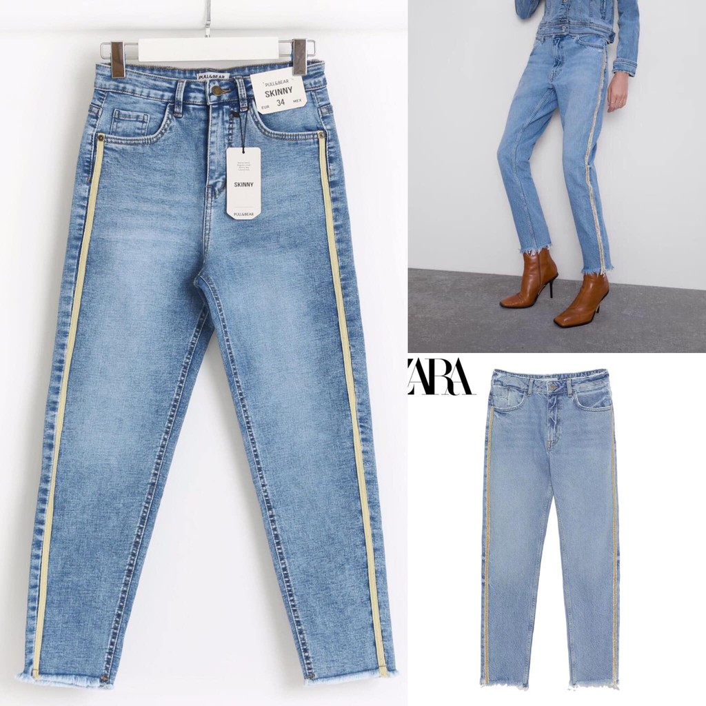 Quần jeans phối sọc vàng