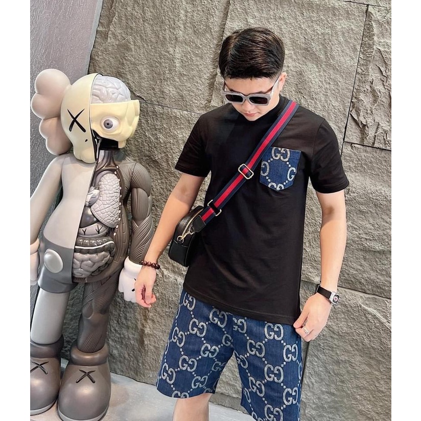 Bộ quần áo thun nam phối túi ngực kèm quần short đùi chất liệu cotton