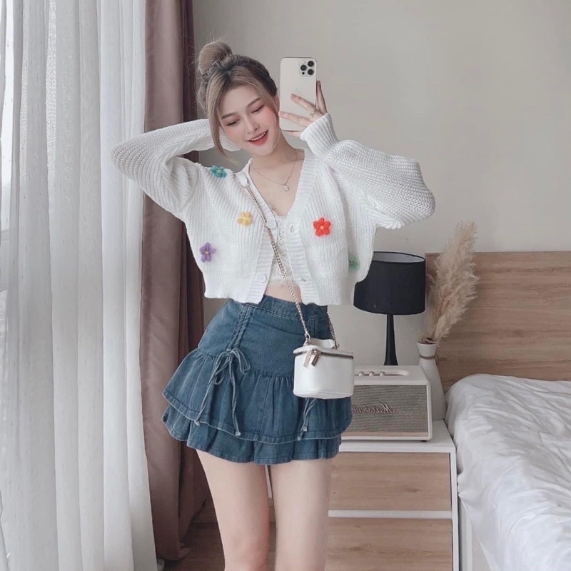 ÁO KHOÁC THUN GÂN CARDIGAN DÀI TAY XINH ĐÍNH HOA LEN MÓC MÓC BH9 (Ảnh thật cuối)