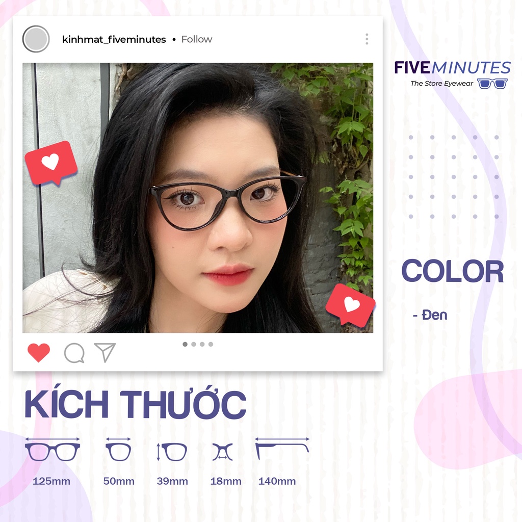 Gọng kính cận nữ, kính mắt mèo chất liêu nhựa Fiveminutes càng kim loại tăm 5029 dễ đeo