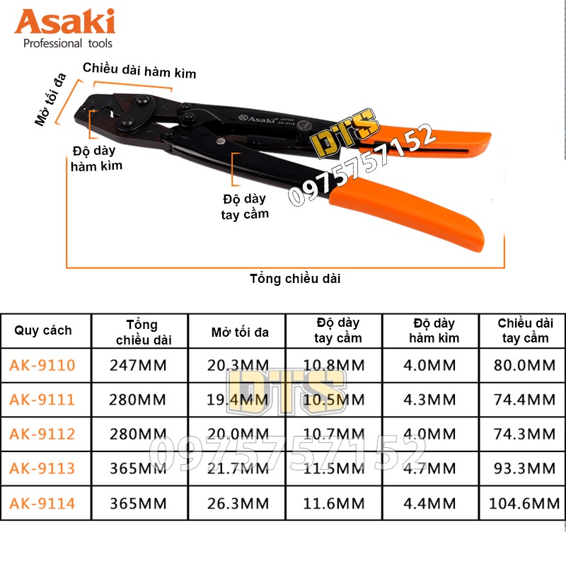 Kìm bấm cos trợ lực hãng Asaki JAPAN, kìm bấm đầu cos tròn cộng lực siêu khoẻ, siêu bền, độ chính xác cao (Kềm bấm cốt)