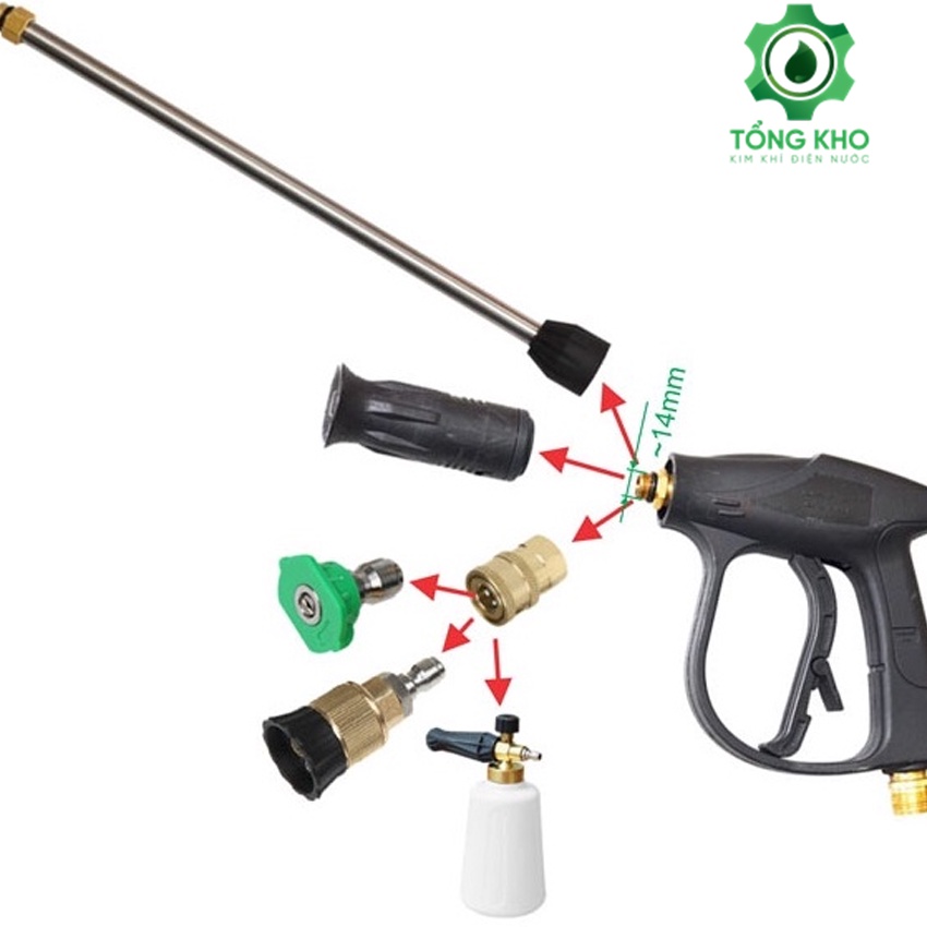 Súng xịt rửa xe ren ngoài 22mm và 14mm, kèm bộ nối nhanh 1/4inch chống trờn ren béc súng - Tổng kho kim khí điện nước