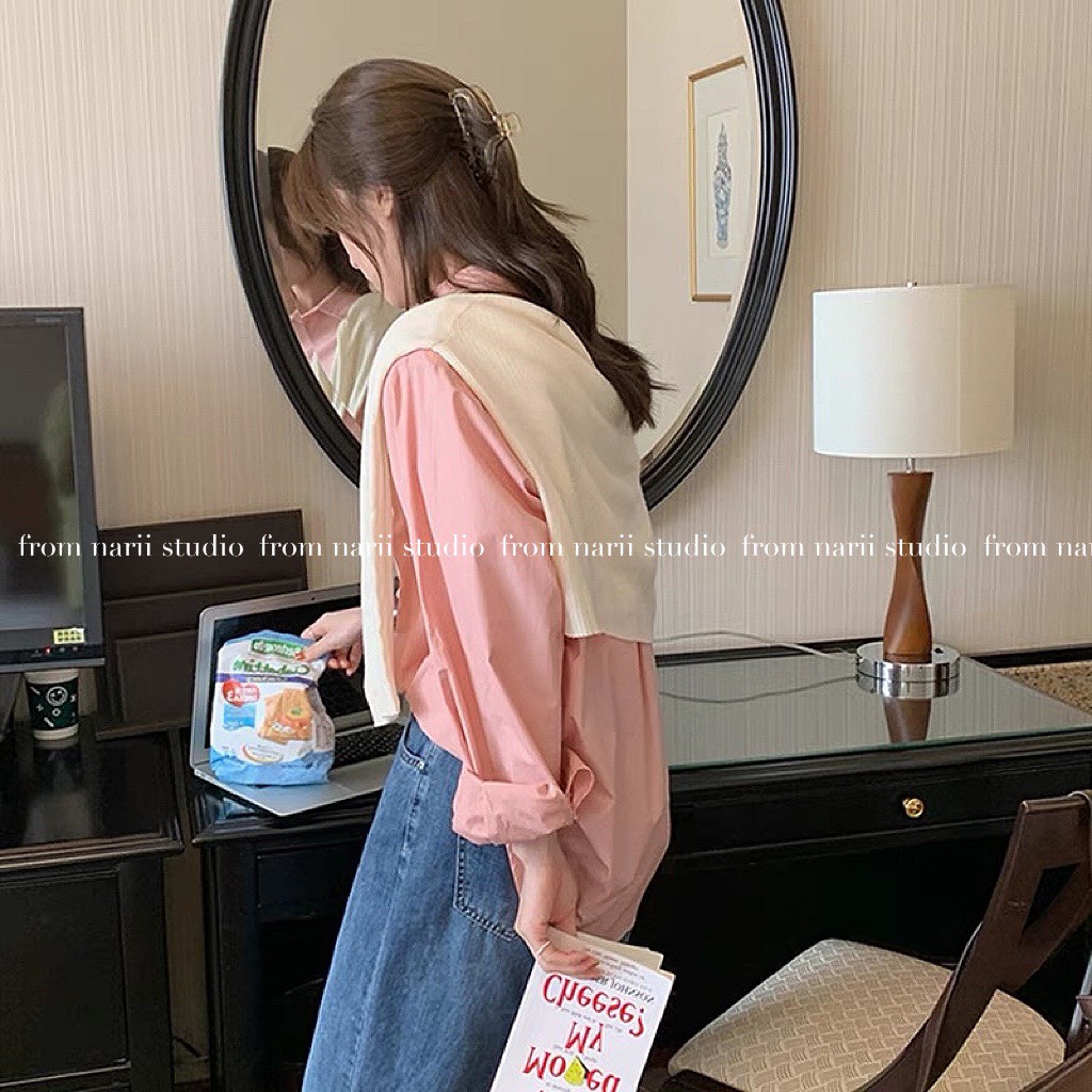 Áo sơ mi nữ form rộng NARII áo sơ mi công sở cao cấp Hàn Quốc hồng pastel