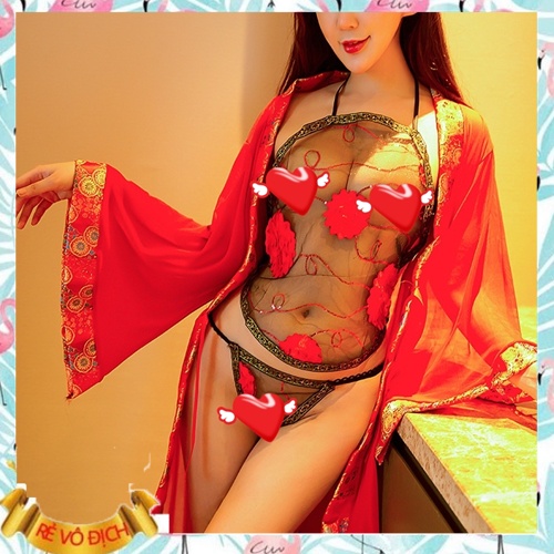 Đồ ngủ sexy nữ yếm + áo choàng cổ trang Trung Hoa kèm quần chip gợi cảm
