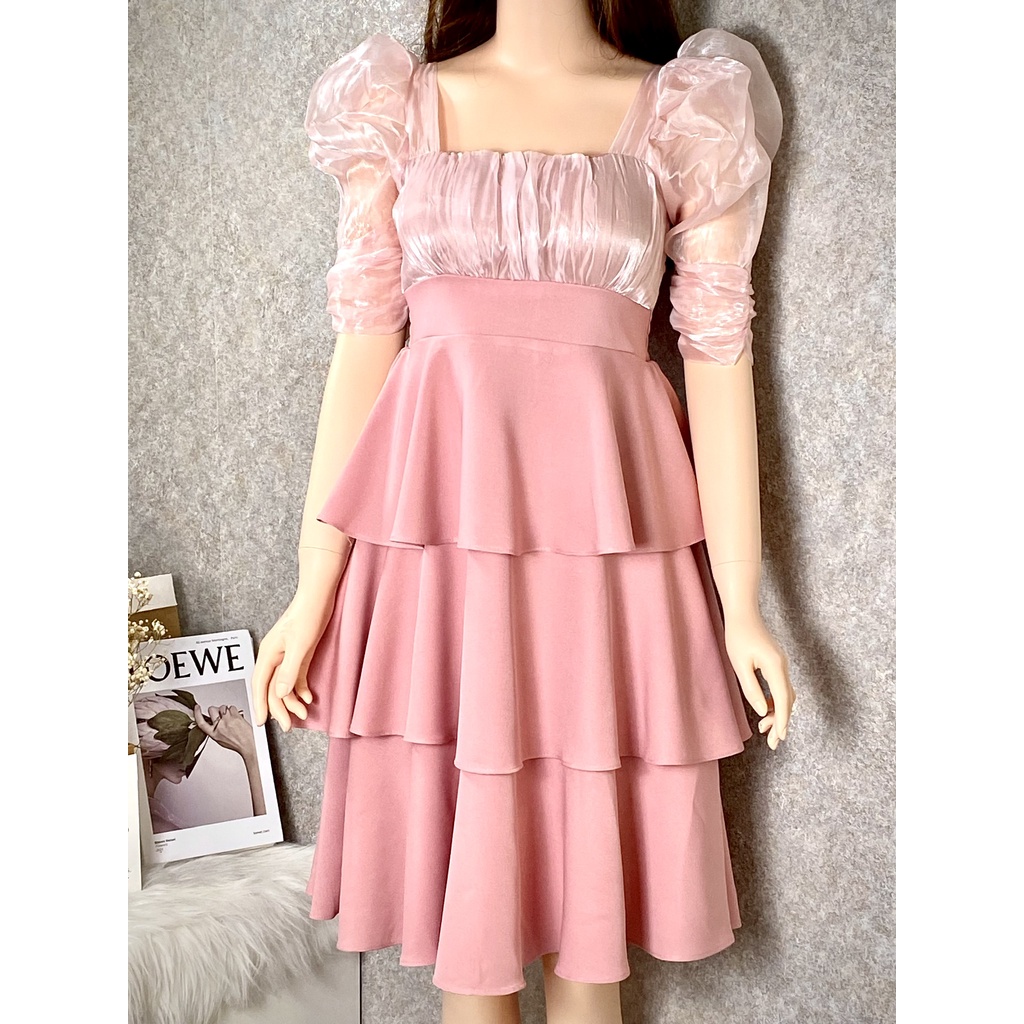 Đầm Thiết Kế Dự Tiệc Sang Trọng, Váy Đầm Nữ Dáng Dài Cổ Vuông Tay Phồng Phân Tầng Điệu Đà Nữ Tính Mặc Đi Đám Cưới- Tiệc