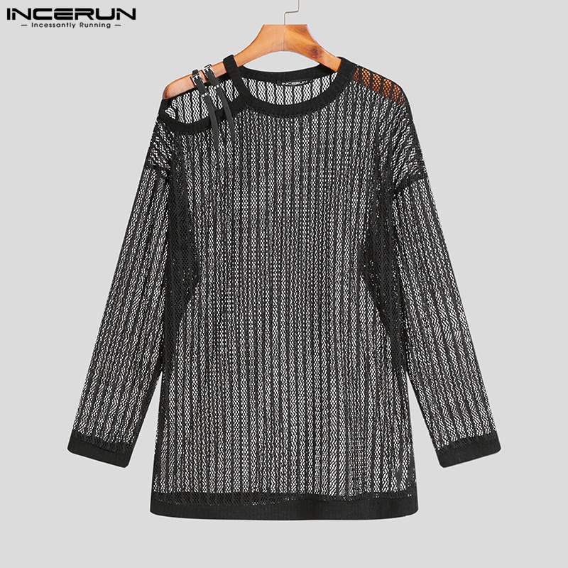 Áo thun INCERUN tay dài cổ tròn xuyên thấu thời trang tùy chọn màu sắc dành cho nam