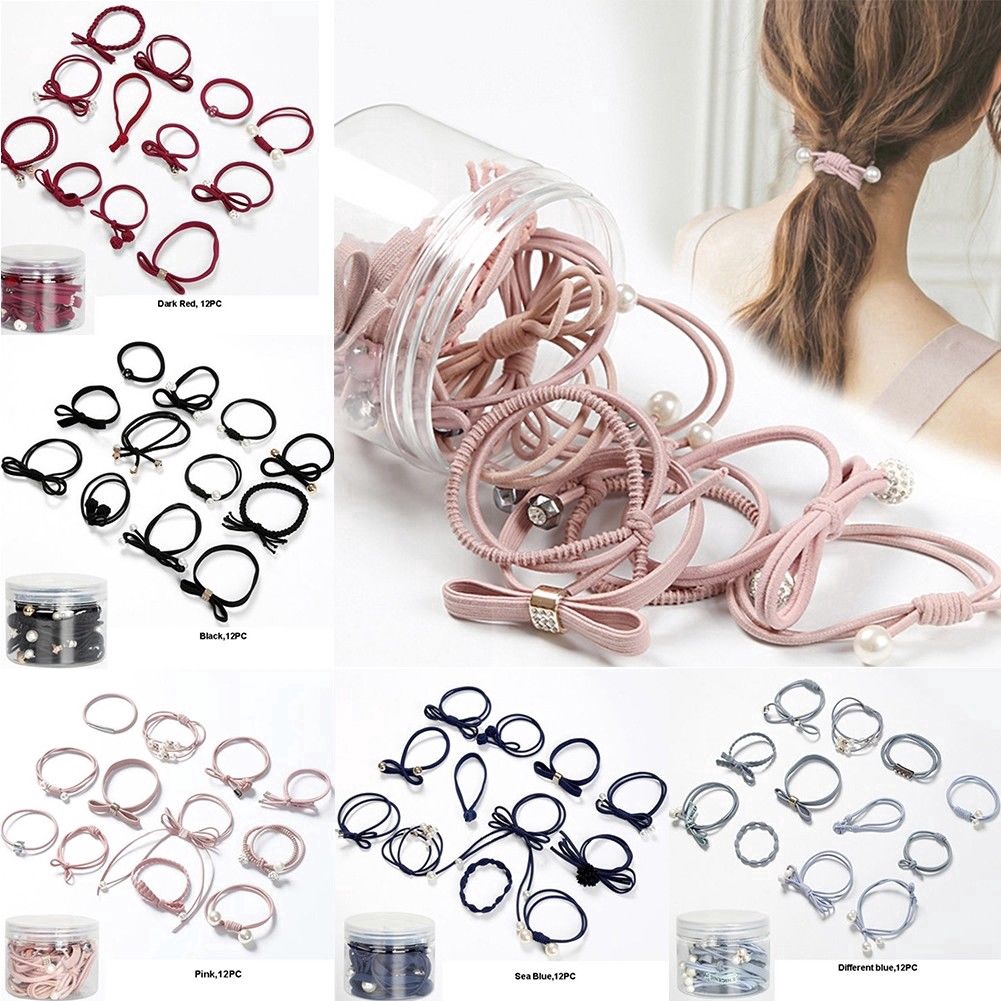 Bộ 12 dây cột tóc đính nơ co giãn cho nữ