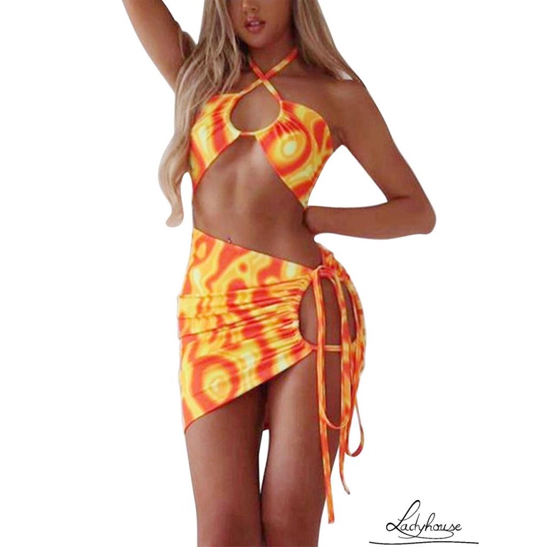 Đầm Midi Ôm Dáng Hở Vai Cổ Yếm Phối Màu Nhuộm Cho Nữ