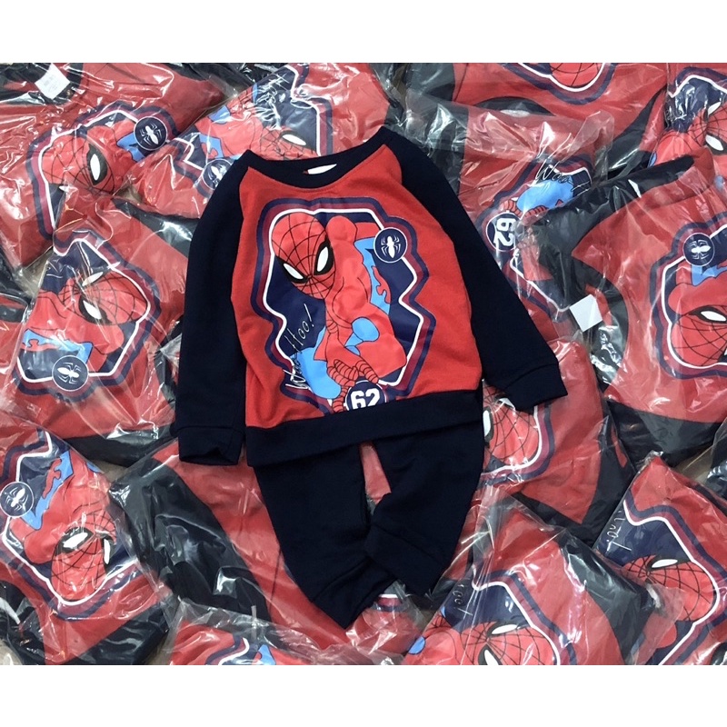Bộ nỉ da cá spiderman phối đỏ đen cho bé trai size từ 10-24 cân